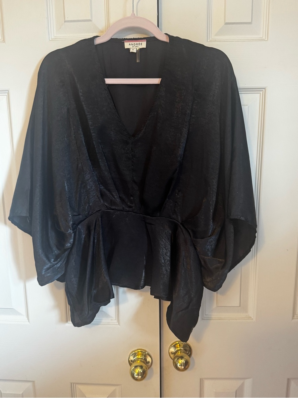 Andree Black Satin V-Neck Draped Blouse